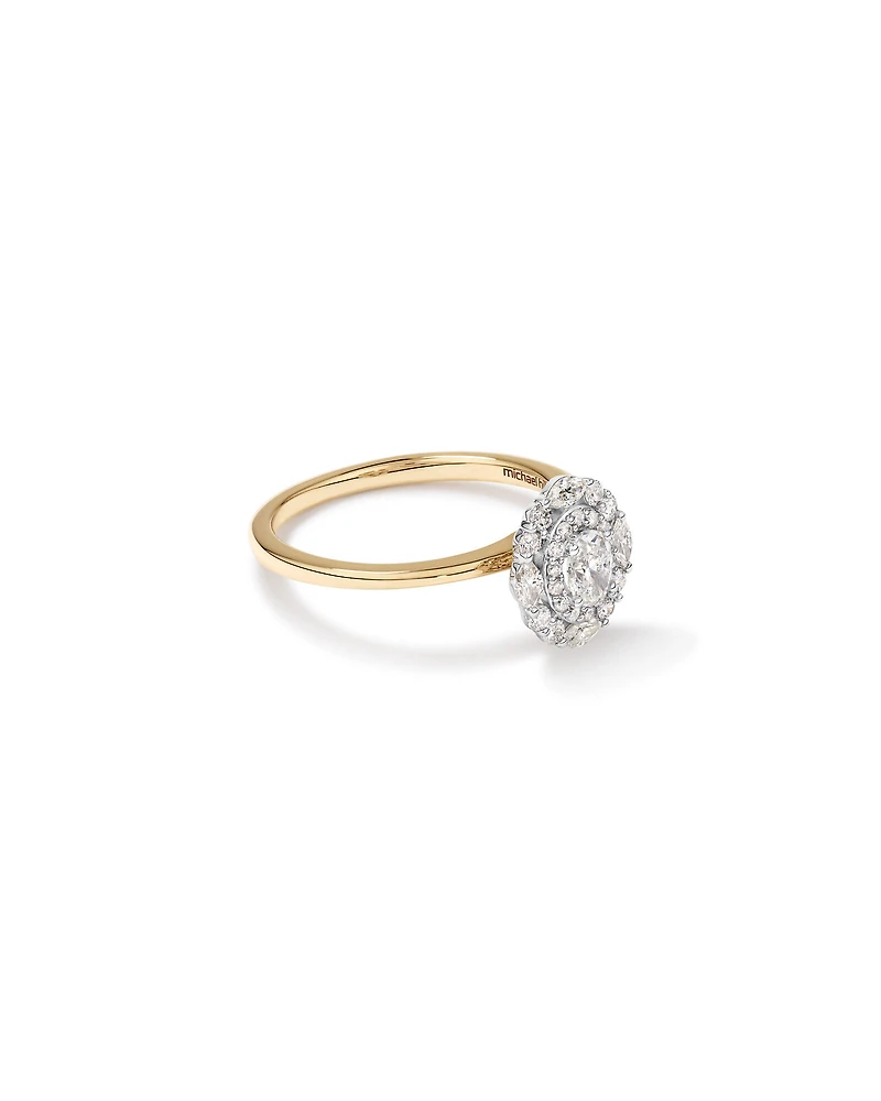 Bague de fiançailles avec diamants taille ovale marquise et halo rond brillant de 0,61 carat TW en or jaune et blanc 14 carats
