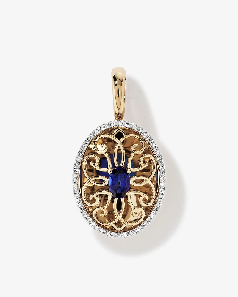 Pendentif Rehausseur En Filigrane Halo Ovale Avec Pierre Précieuse Saphir Créée Bleue Et Diamants En Or Jaune 10Ct