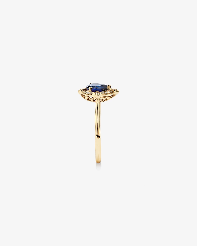 Bague halo en or jaune 10 kt avec saphir créé taille poire et diamants