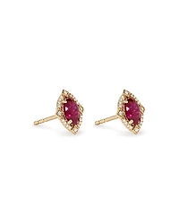 Oval Cut Created Ruby and Diamond Halo Stud Earrings in 10kt Yellow Gold