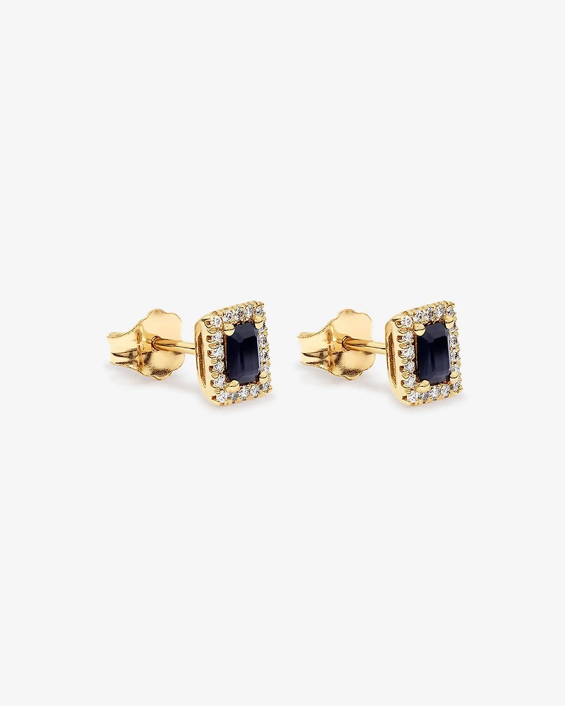 Boucles d'Oreilles Clous Halo en Pierre Précieuse Saphir Bleu Taille Émeraude et 0,10 Carat TW Diamant en Or Jaune 10 kt