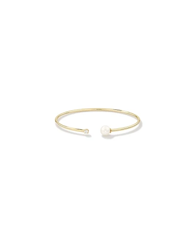 Cultured Freshwater Pearl and Diamond Torque Bangle in 10kt Yellow Gold