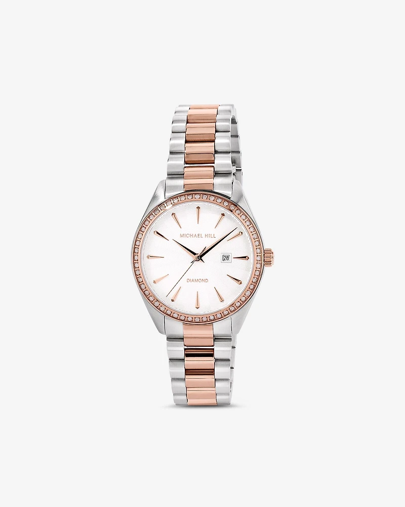 Women's 0.60 Carat TW Diamond Bezel Watch in Rose Tone Stainless Steel.