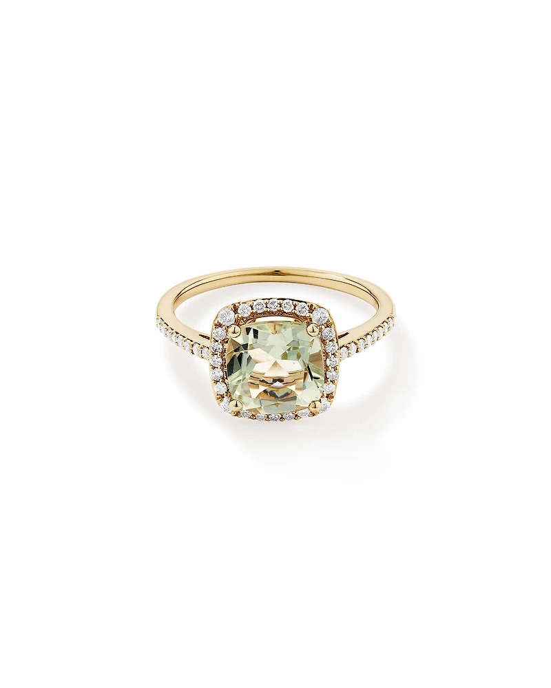 Cushion Cut Green Amethyst Gemstone and 0.25 Carat TW Diamond Halo Ring in 10kt Yellow Gold