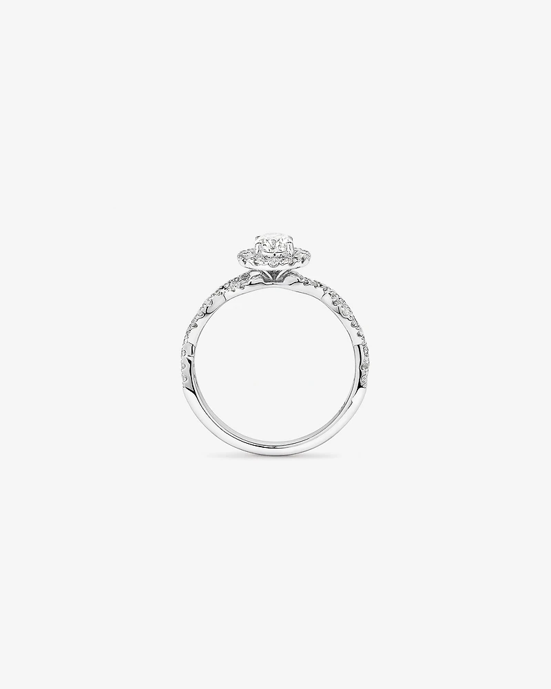 0,75 Carat Poids Total Bague De Fiançailles En Diamant Coupe Ovale Avec Halo Accent Torsadé, En Or Blanc 14 Ct