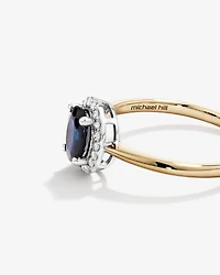 Bague De Fiançailles En Or Jaune Et Blanc 10 Carats Avec Pierre Précieuse Saphir Bleu Taille Ovale Et Halo De Diamants De 0,10 Carat Poids Total