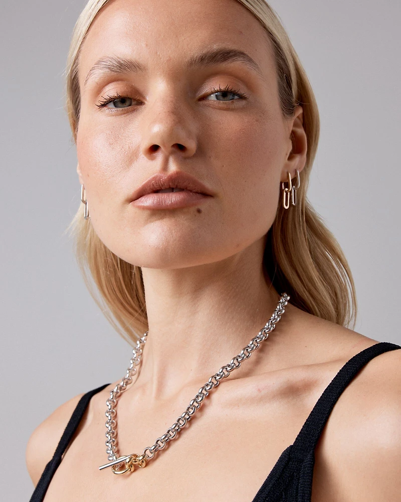 Collier chaîne gourmette à fermoir deux tons en argent sterling et or jaune 10 kt