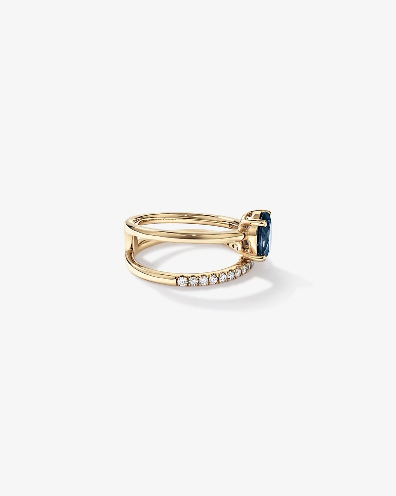 London Blue Topaz Double Band Ring with 0.25 Carat TWof  Diamonds in 10kt Yellow Gold