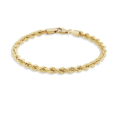 Bracelet à chaîne cordelette en or jaune 10 K de 19 cm, largeur de 4 à 4,5 mm