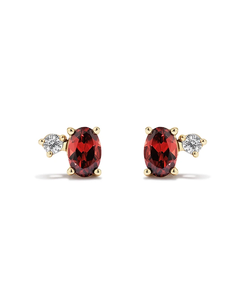 Round White Sapphire and Oval-Cut Garnet Toi Et Moi Stud Earrings in 10kt Yellow Gold