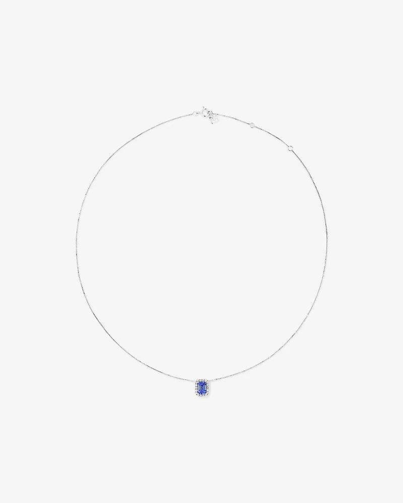 Pendentif Halo Avec Tanzanite Bleue Taille Émeraude Et 0,17 Carat Pt De Diamants En Or Blanc 14 Ct