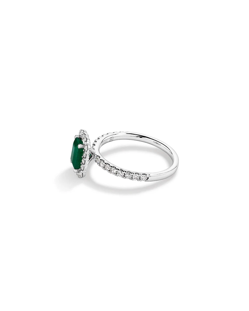 Emerald Cut Green Emerald Gemstone and 0.60 Carat TW Diamond Halo Ring in 14kt White Gold