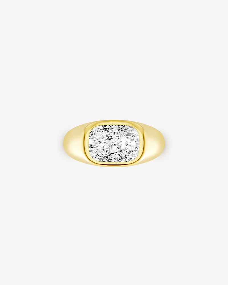 Bague de fiançailles solitaire avec diamant coussin allongé orienté Est-Ouest 4,00 carats, cultivé en laboratoire, serti clos, or jaune 14 carats