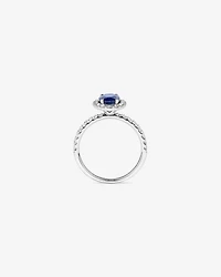 Bague Halo en Pierre Précieuse Saphir Bleu Taille Ovale et 0,60 Carat TW Diamant en Or Blanc 14 kt