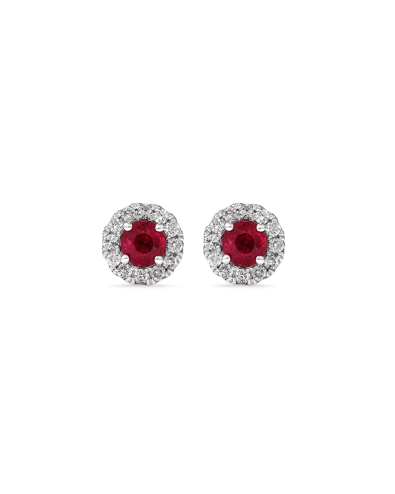 Halo Stud Earrings with Natural Ruby & 0.28 Carat TW of Diamonds in 10kt White Gold