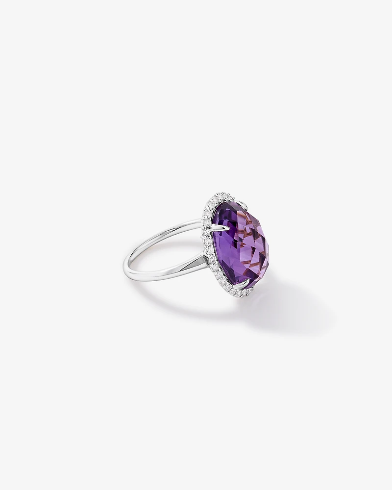 Bague Halo en diamant TW ovale améthyste et 0,35 carat or blanc 10 carats