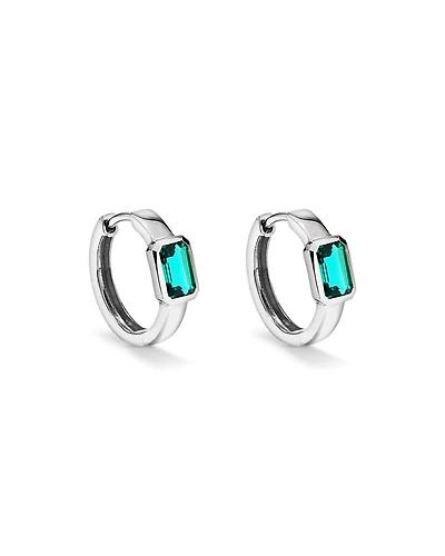 Created Emerald Bezel Huggie Earrings in 10kt White Gold