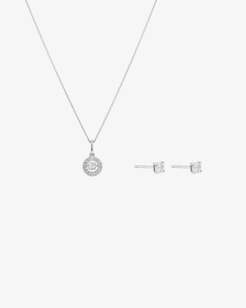 Lume Lab Round Halo Pendant and Stud Earrings Box Set with 0.63 Carat TW of Laboratory-Grown Diamonds in Sterling Silver