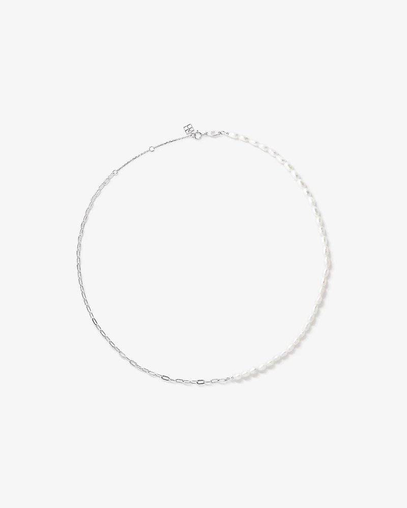 Half Cultured Freshwater Pearl Half Paperclip Chain Necklace in Sterling Silver