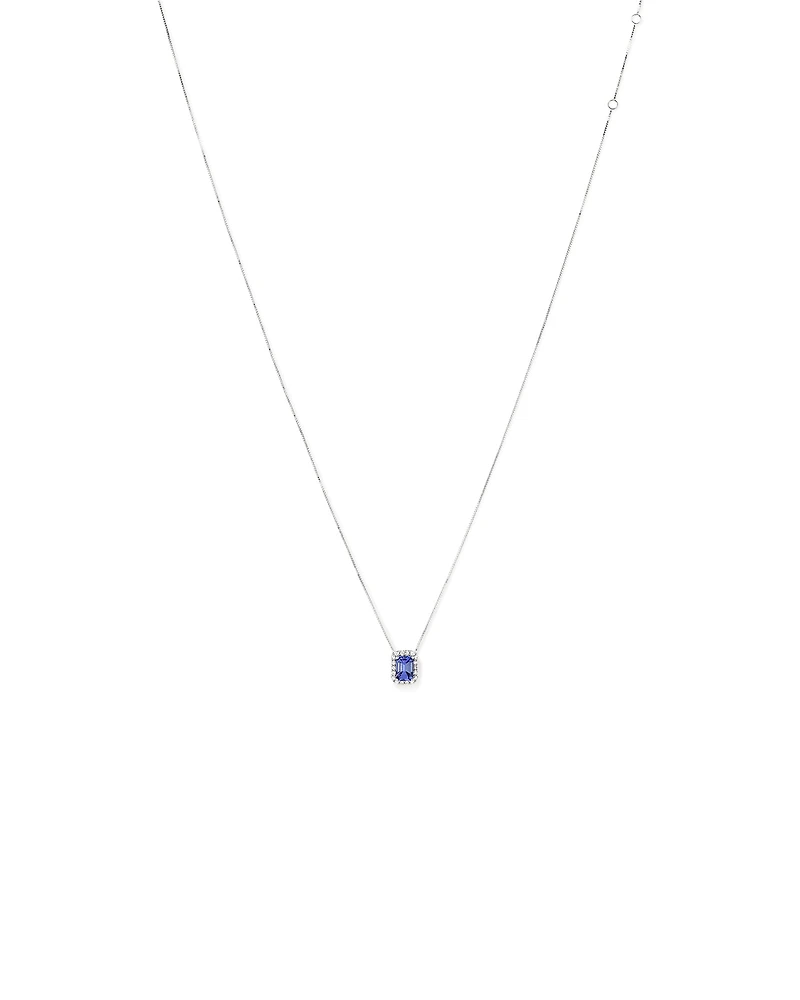 Emerald Cut Blue Tanzanite and 0.17 Carat TW Diamond Halo Pendant in 14kt White Gold