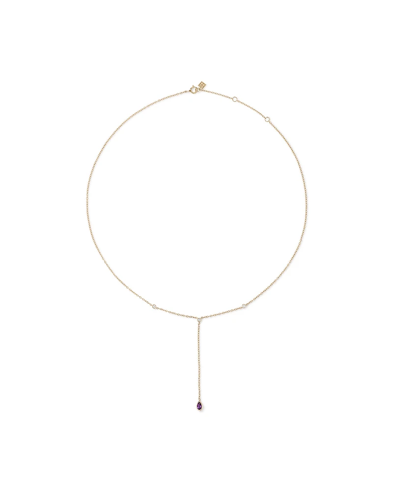 Pear Cut Purple Amethyst Gemstone and Diamond Lariat Necklace in 10kt Yellow Gold