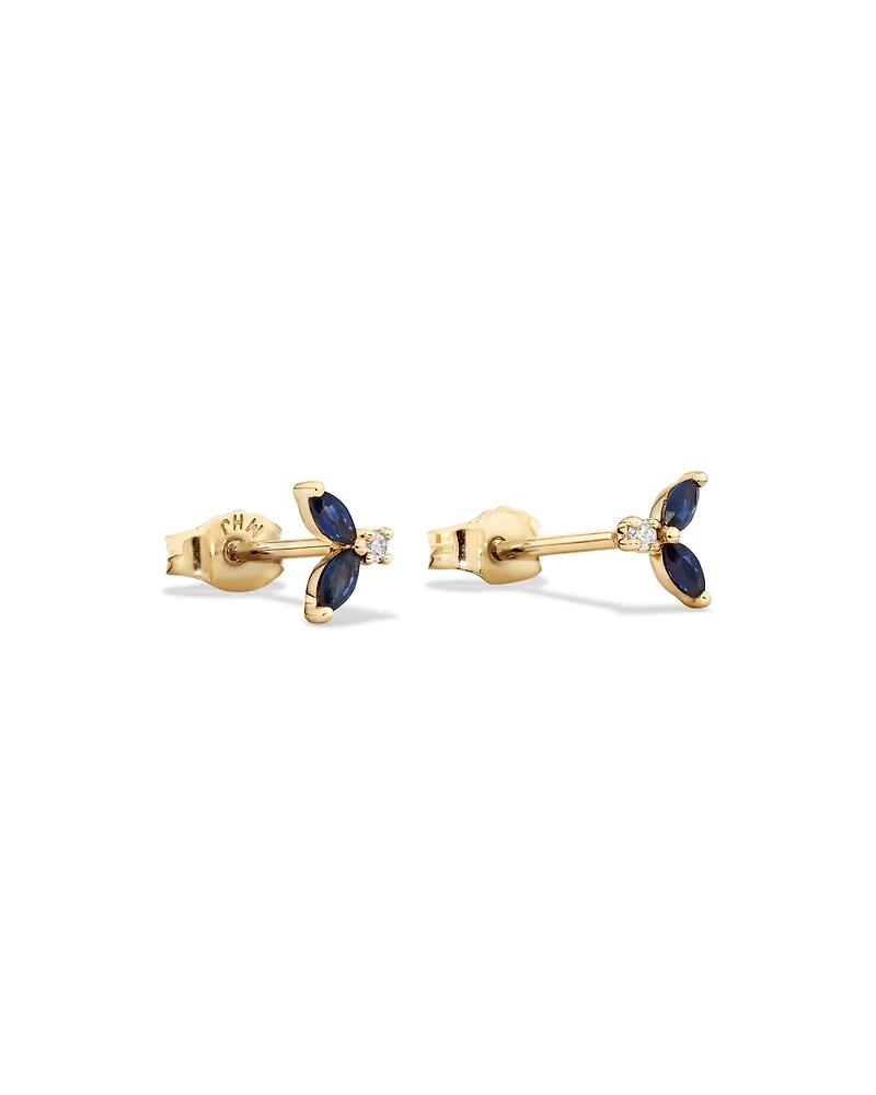 Round Diamond and Marquise Blue Sapphire Gemstone Stud Earrings in 10kt Yellow Gold