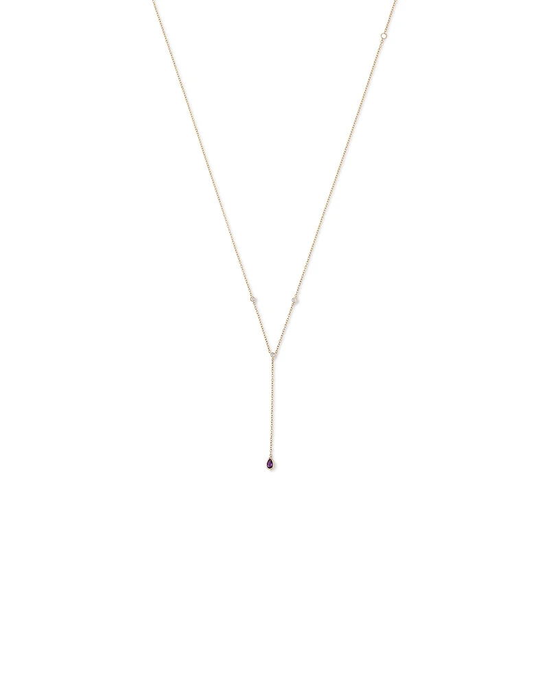 Pear Cut Purple Amethyst Gemstone and Diamond Lariat Necklace in 10kt Yellow Gold