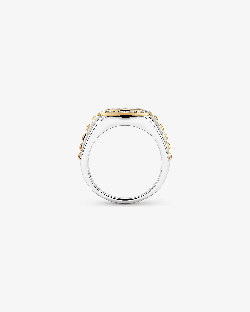 0.75 Carat TW Two-Tone Black and White Diamond Pave Men's Signet Ring in 10kt Yellow and White Gold