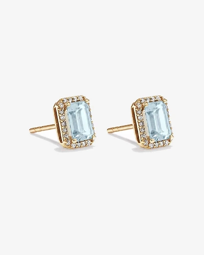 Emerald Cut Aquamarine and Diamond Halo Earrings in 10kt Yellow Gold