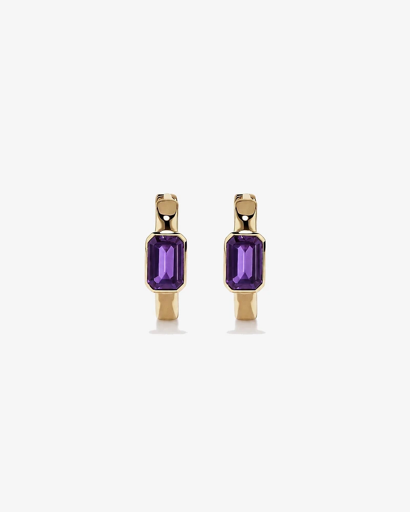 Boucles d'oreilles anneaux Améthyste serties clos en or jaune 10 ct