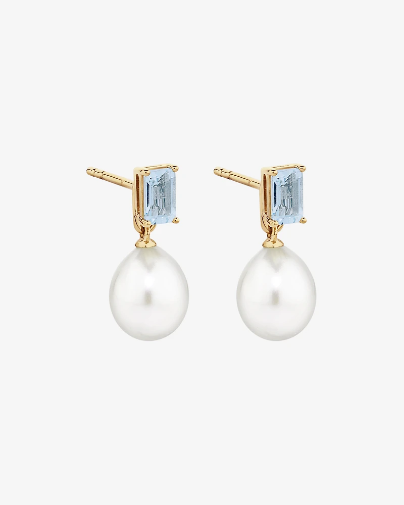 Multi-Wear Aquamarine and Cultured Freshwater Pearl Drop Stud Earrings in 10kt Yellow Gold