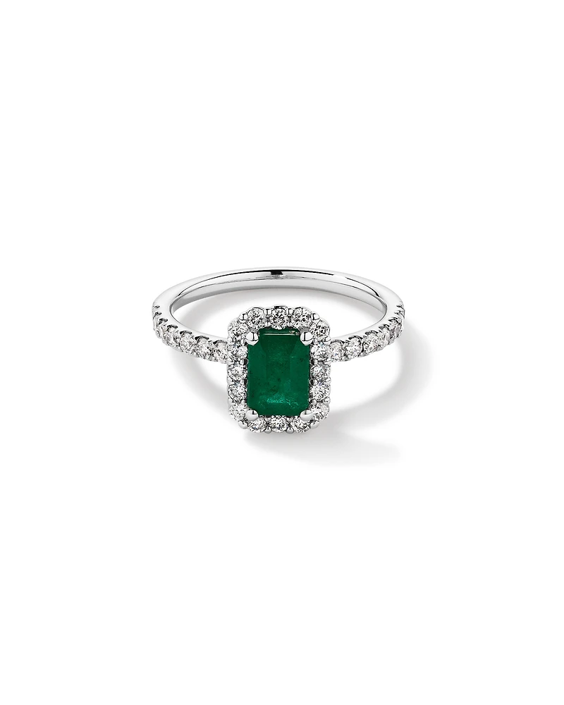Bague Halo en Pierre Précieuse Émeraude Verte Taille Émeraude et 0,60 Carat TW Diamant en Or Blanc 14 kt