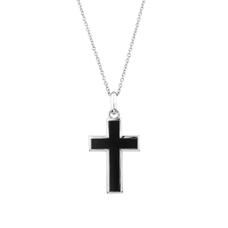 Pendentif en argent en forme de croix avec onyx et chaîne câblée de 65 cm