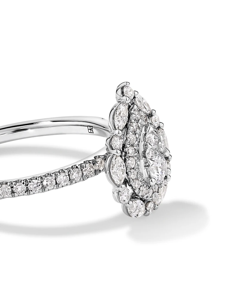 0.62 Carat TW Round Brilliant and Marquise Double Halo Cluster Diamond Ring 14kt White Gold