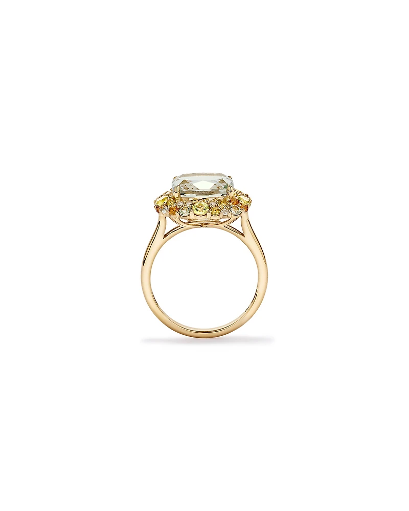 Green Amethyst, Peridot, Citrine & White Topaz Halo Ring 10kt Yellow Gold