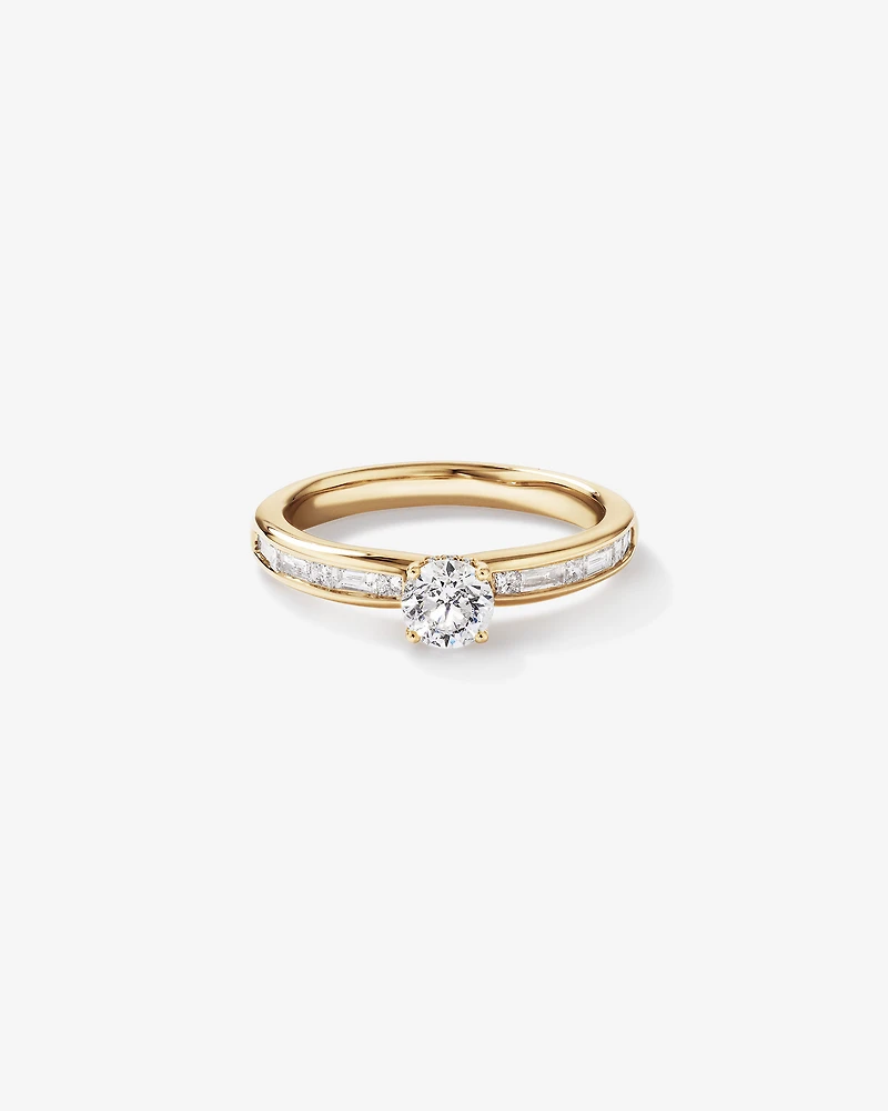 0.77 Carat TW Round Brilliant Diamond and Baguette, Princess Side Accent Engagement Ring with Hidden Halo in 14kt Yellow Gold