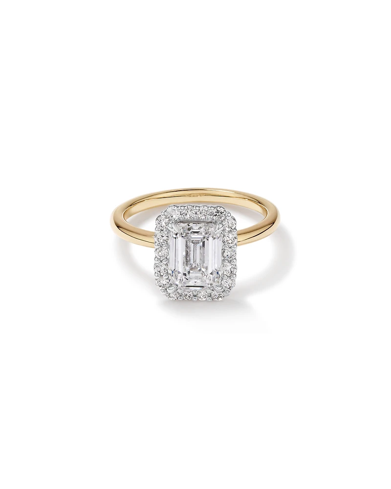 Bague de fiançailles TW Emerald Cut Hall Halo 2,34 carats en or jaune et blanc 14
