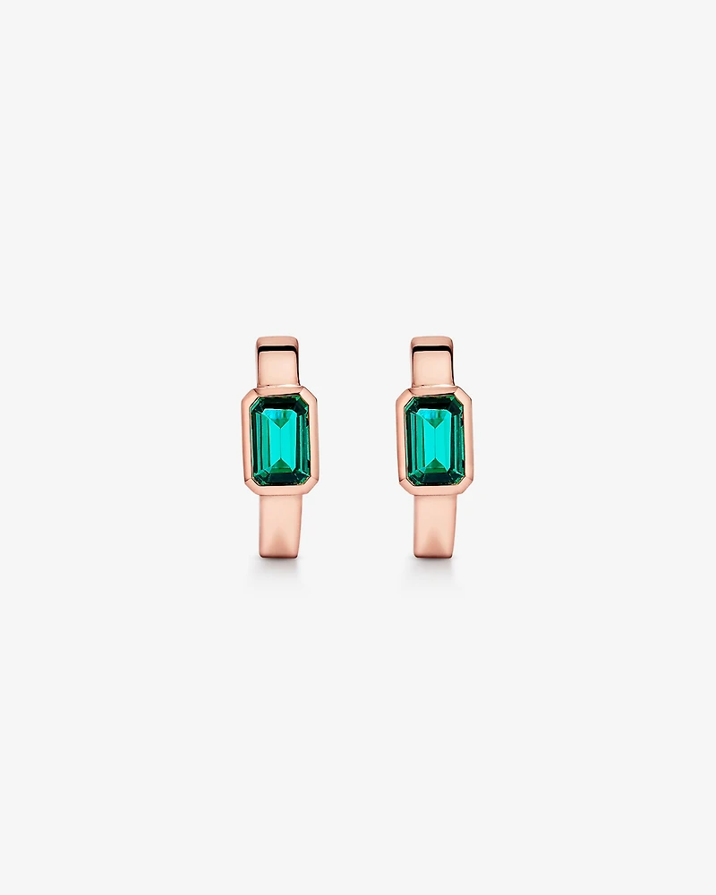 Created Emerald Bezel Huggie Earrings in 10kt Rose Gold
