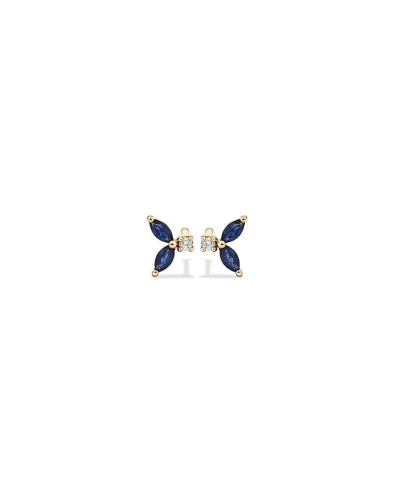 Round Diamond and Marquise Blue Sapphire Gemstone Stud Earrings in 10kt Yellow Gold