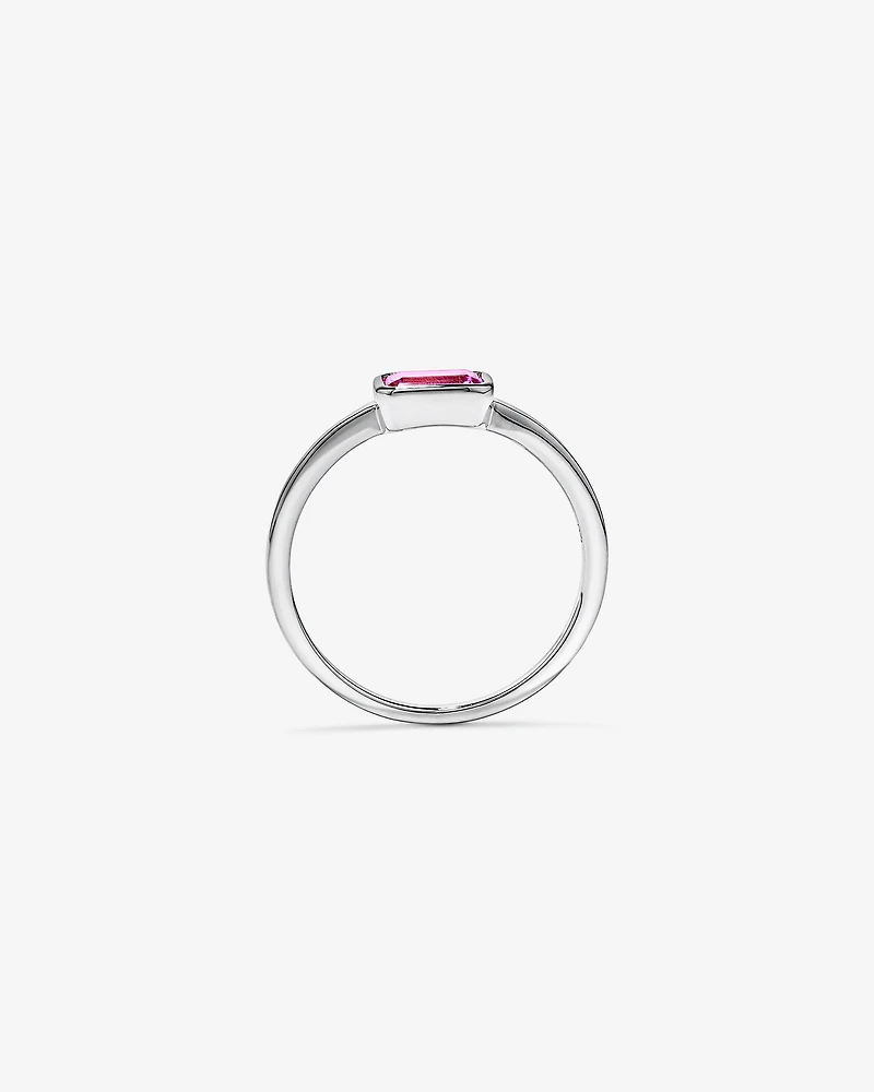 Emerald Cut Pink Created Sapphire East-to-West Set Bezel Ring 10kt Gold