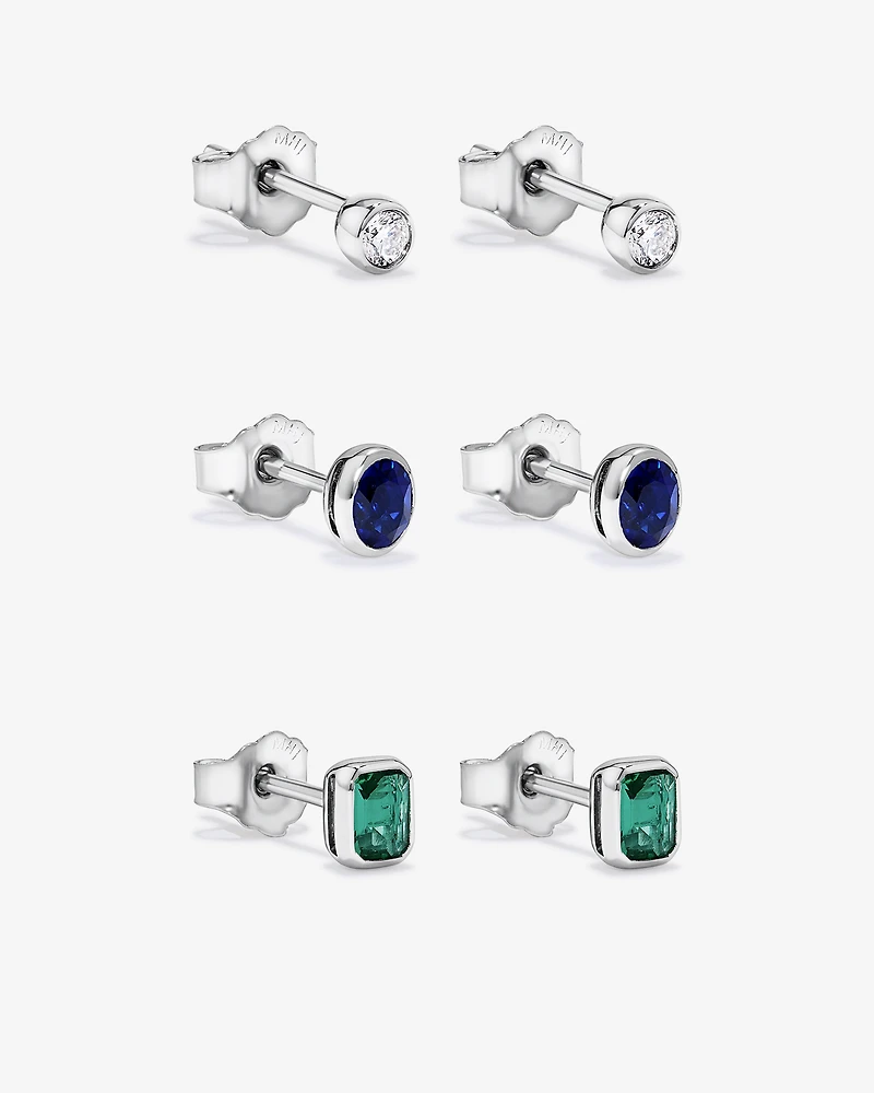 Stud en diamant de laboratoire, émeraude et saphir serti en argent sterling