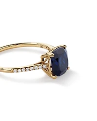 Cushion Cut Blue Created Sapphire Gemstone and Diamond Ring in 10kt Yellow Gold