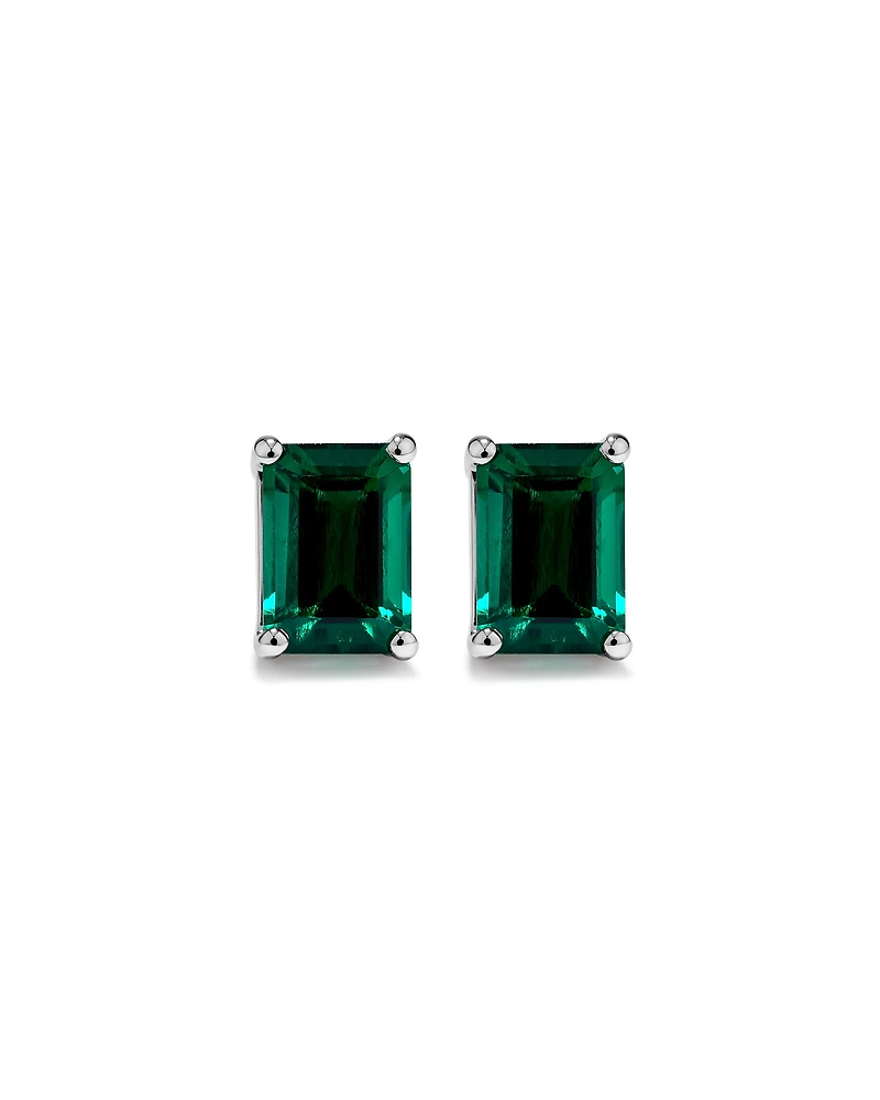 Emerald Cut Green Created Emerald Gemstone Stud Earrings and Pendant Necklace Set in Sterling Silver