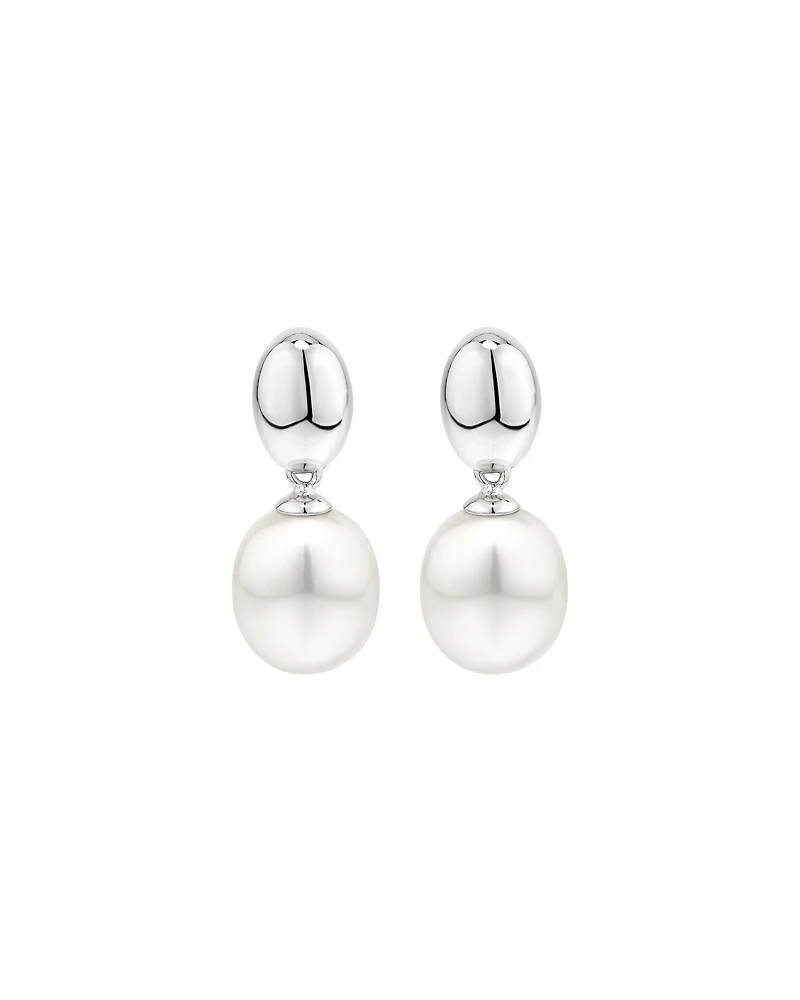 Oval Cultured Freshwater Pearl Dome Drop Stud Earrings and Pendant Necklace Set in Sterling Silver