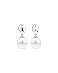 Oval Cultured Freshwater Pearl Dome Drop Stud Earrings and Pendant Necklace Set in Sterling Silver