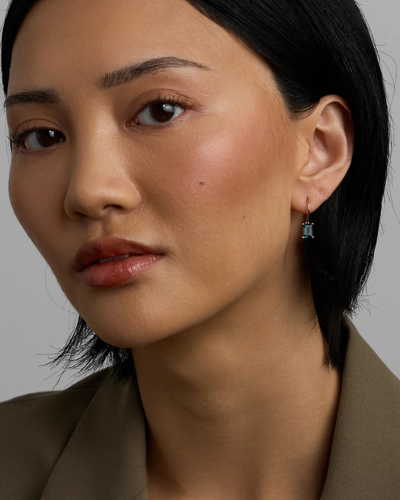 Emerald Cut London Blue Topaz Gemstone Drop Earrings in 10kt Yellow Gold