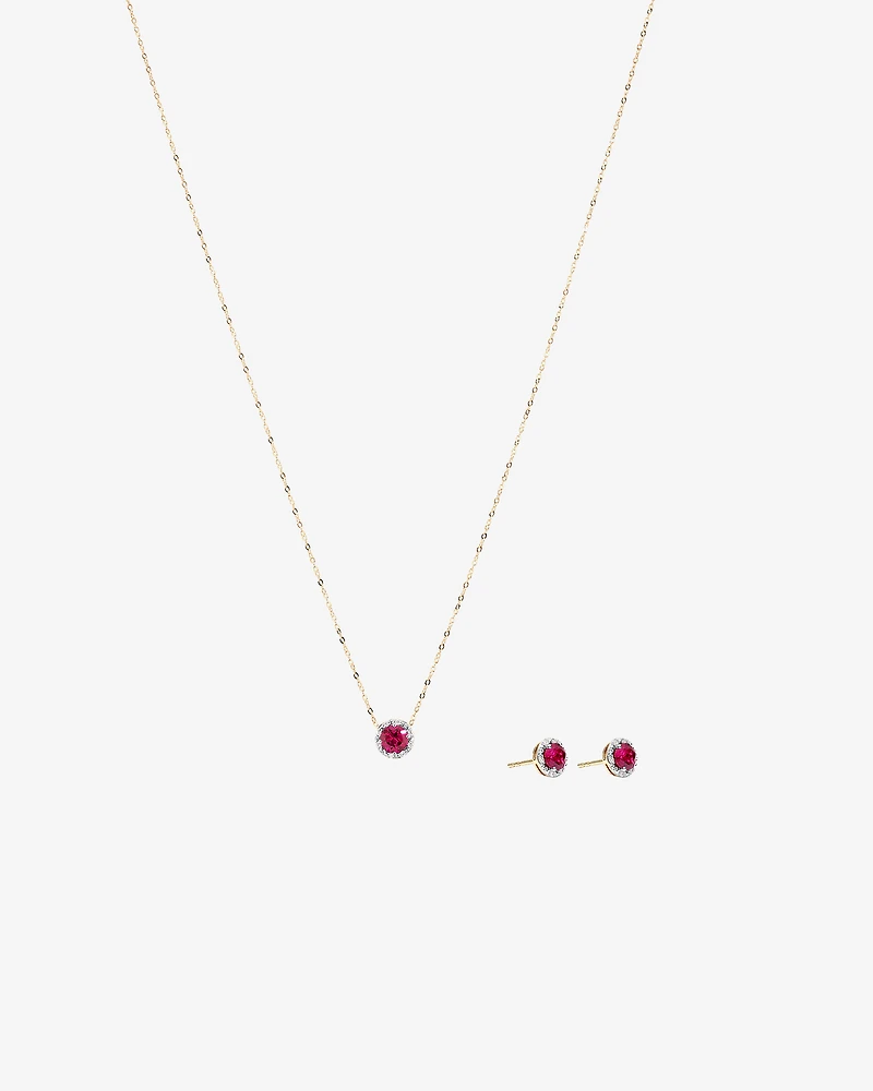 Round Cut Red Created Ruby and Lab-Grown Diamond Halo Stud Earrings and Pendant Necklace Set in 10kt Yellow & Rhodium