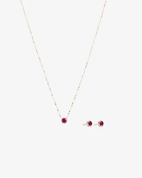 Round Cut Red Created Ruby and Lab-Grown Diamond Halo Stud Earrings and Pendant Necklace Set in 10kt Yellow & Rhodium