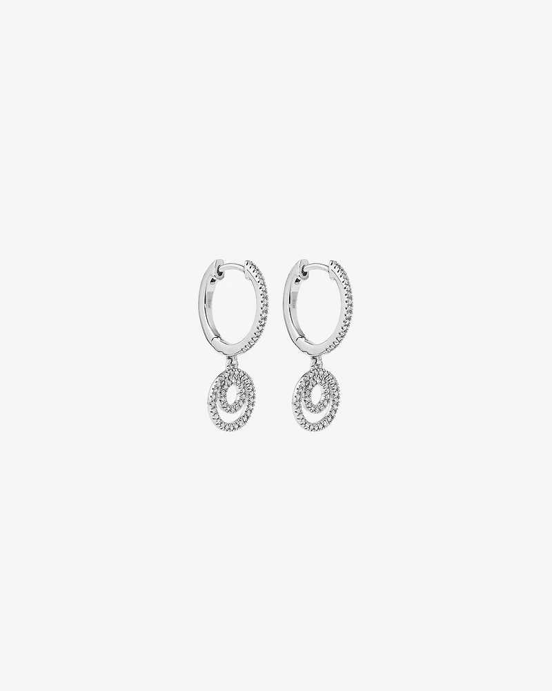 Fine Double Circle Diamond Drop Huggie Earrings in Sterling Silver