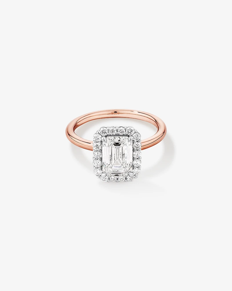 2.34 Carat TW Emerald Cut Laboratory-Grown Diamond Halo Engagement Ring in 14kt Rose and White Gold